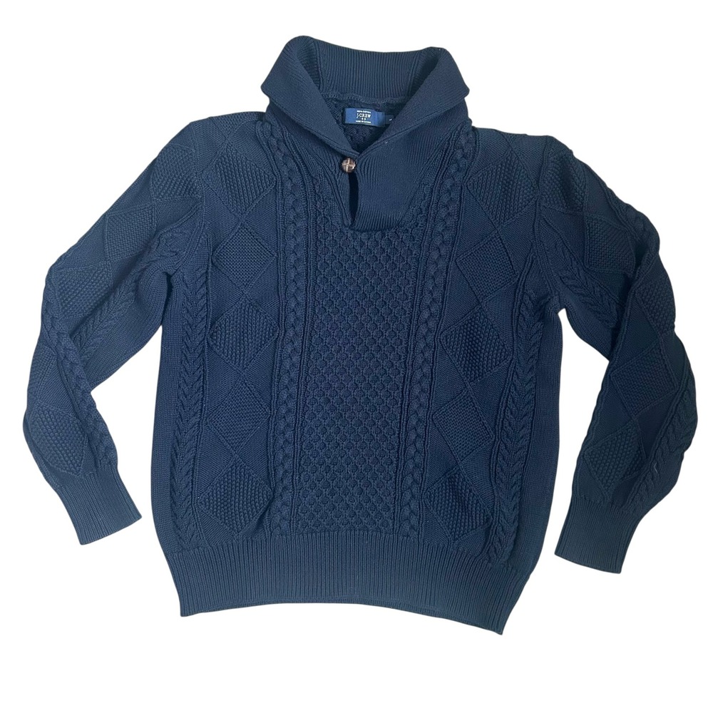 J.Crew Mens Navy Blue Cable Knit Shawl Collar Pullover Cotton‎ Sweater Large